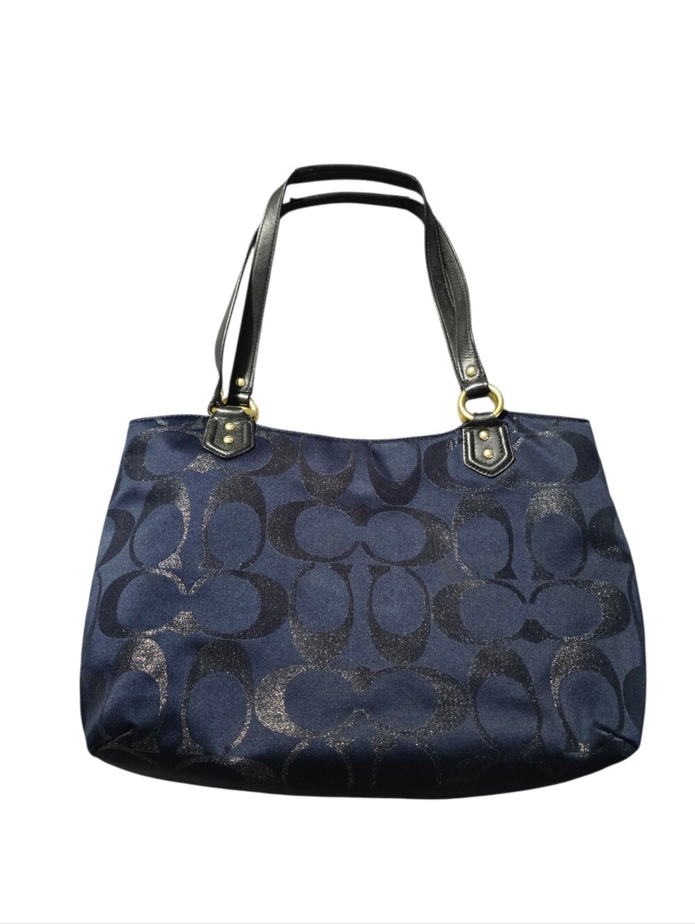 Coach Navy Metallic Canvas Signature Jacquard Tote with Black Leather Trim - Picture 2 of 7